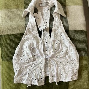 NWT! Urban Outfitters " Back in Business" Tie-front White Eyelet Halter Top